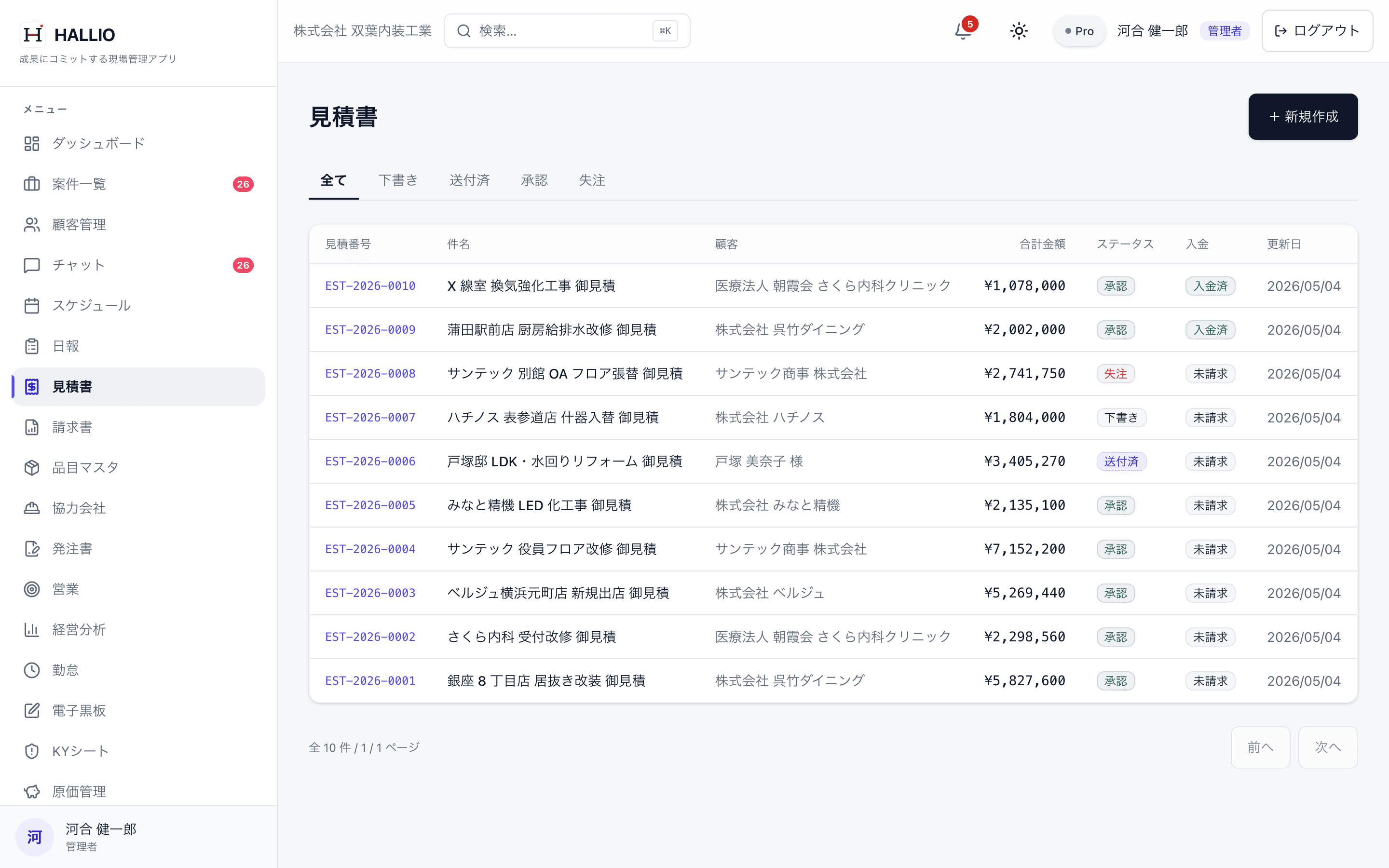 HALLIO の積算見積画面。複合単価・単価マスタ・諸経費に対応。